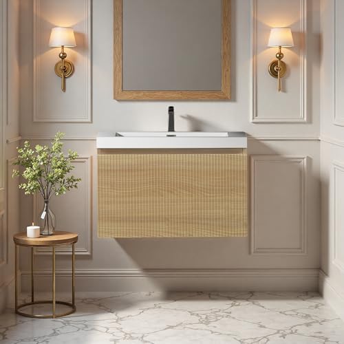 Image of 24'' Floating Bathroom Vanity with Sink, Wall-Mounted Bathroom Storage Cabinet with Soft-Close Striped Drawer & Solid Surface Basin, Modern Natural Oak Body with Internal Handle, Wood