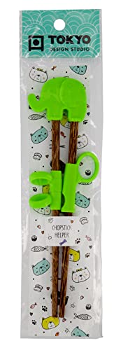 TOKYO design studio Bâtonnets ESS pour enfants en bois vert 20 cm avec éléphant mignon pour débutants avec anneaux auxiliaires Cover
