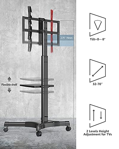 Fitueyes Mobile Tv Cart For 32 To 65 70 Inch Tvs, Tall Rolling Tv Stands With Tilt Function, Black Portable Floor Tv Stand With Wheels, Height Adjustable Shelf & Lockable Casters, Holds Up 88Lbs #TOP1