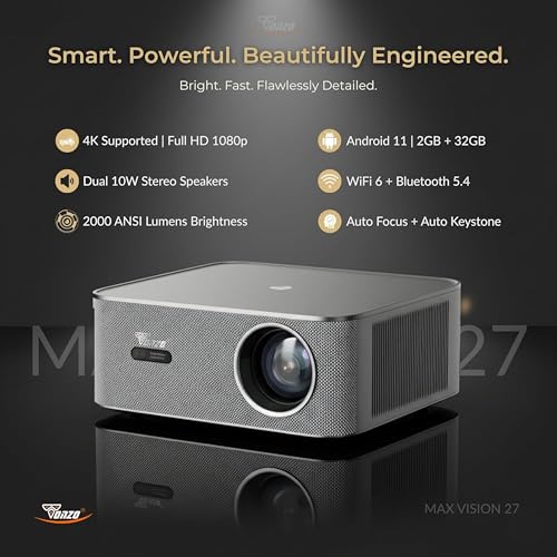Image of TONZO Max Vision 27 Native 1080P Smart Projector, 4K Supported 22000 Lumens, 300 inch Large Display, Auto Focus, 6D Keystone 3D Glasses, Android 11 (2GB /32GB), WiFi 6 & BT 5.4, OTT Apps, Dual 10W Speakers