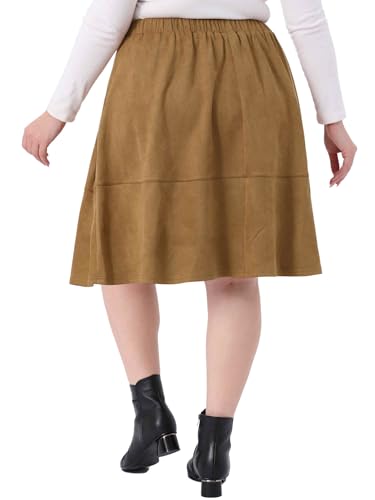 Agnes Orinda Plus Size Faux Suede Skirt for Women High Waist A Line with Pockets Elastic Midi Skirts4