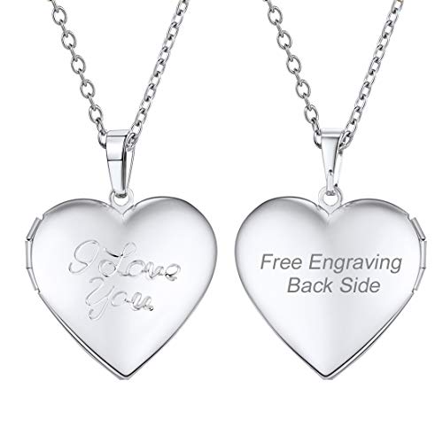 U7 Custom Photo Locket Necklace - Oval & Heart Shaped Locket - Gold/Silver/Rose Gold Personalized Image Necklaces for Women 03-Platinum I Love You b.