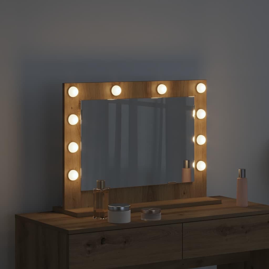 Espejo de tocador de roble Artisan, 60 x 45 x 18 cm, ángulo recto con tira LED alimentado por USB, espejo de maquillaje para dormitorio, baño, pasillo y armario