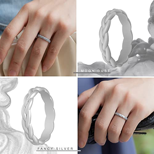 ThunderFit Silicone Wedding Bands for Women, Thin Braided Design 3.3mm Wide 1.8mm Thick - 1/4/7/8 Variety Multipack4