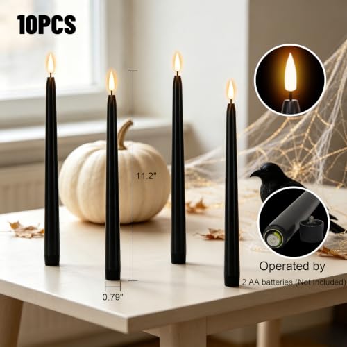 Image of Wondise Halloween Black Flameless Taper Candles with 2 Remote & Timer | Waxy 10 Pack Candles Battery Operated LED Candles with 3D Wick Flickering for Halloween Table Decorations