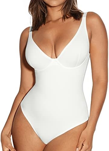 FeelinGirl Thong Shapewear for Women Tummy Control Slim Body Shaper V Neck Faja Thongs Jumpsuit Tops Shapewear Bodysuit