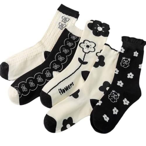 Cazqgoy Lot de 5 Paires de Chaussettes Hautes en Coton pour Femme - Motif Floral Rétro - Chaussettes Habillées à Fleurs - Noir/Blanc, L