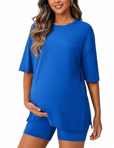 Seamaid Maternity Sets Two Piece Maternity Outfits 2026 Summer Oversized Shirts and Shorts with Pockets Comfy 2 Piece Maternity Lounge Set Blue M