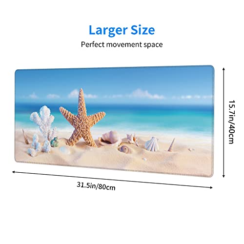Tropical Seashore Gaming Mouse Pad,Extended Golden Beach Starfish Seashell Keyboard Mouse Desk Mat,Non-Slip Rubber Base Thick Stitched Edges Waterproof Mouse Mat Desk Pad 31.5"X15.7" #TOP1