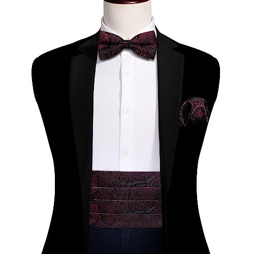 Image of Barry.Wang Men Silk Paisley Cummerbund and Pre-tied Bowtie Handkerchief Cufflink Set for Tuxedo
