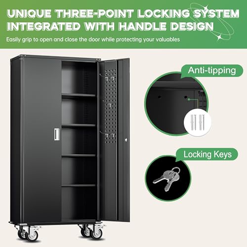 Image of INTERGREAT Rolling Metal Cabinet with Wheels, 72 inch Locking Storage Cabinet with Adjustable Shelves, Large Capacity Pulley Cabinets for Home Office, School, Warehouse(Black)