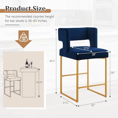 Image of Counter Height Bar Stools Set of 4, Blue Velvet Bar Chair Gold Leg | 26 inch Seat Height Fits Standard Kitchen Islands, Upholstered Barstools, Back Support, Square Metal Legs, Footrest