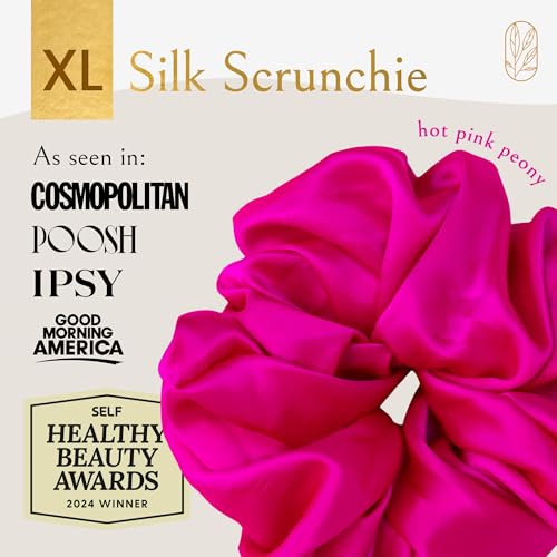 Image of Silk Scrunchies for Ponytail Holders - Oversized Mulberry Silk Scrunchies - Extra Large No Damage Hair Ties for Curly, Thick, and Thin - Hair Accessories for Women - Hot Pink Peony, XL By Curlfriend