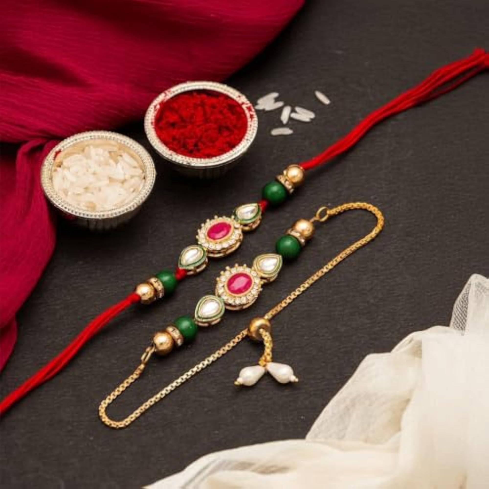 Kundan Stone Work Pair Rakhi Set with Roli Chawal Kit