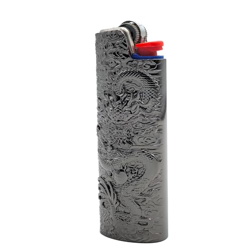 Lucklybestseller Metal Lighter Case Cover Holder Vintage Dragon Engraving for BIC Full Size Lighter J6 (Black)