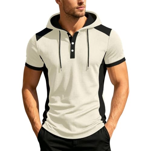 Sudadera sin mangas hombre camiseta de punto manga corta con capucha azul beige M