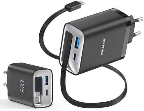 TOPADRE 65W USBC Ladegerät mit 85cm Einziehbarem Kabel 3-Port Fast Charger | 65W Schnellladegerät PD3.0 PPS Netzteil mit 85cm Ausziehbar Kabel für MacBook Pro/Air, für iPad, für iP