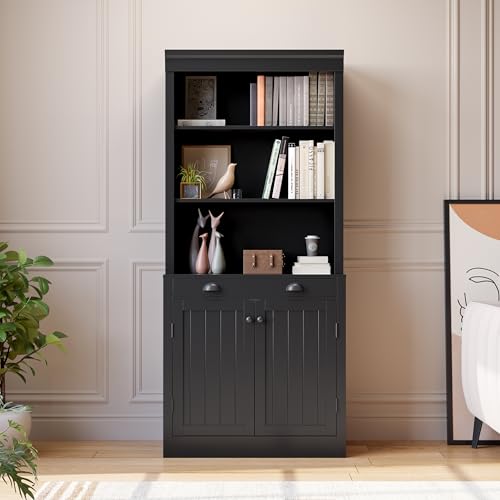 GarveeHome 5-Tier Bookshelf, 70 Inch Tall Bookcase with 2 Doors and 1 Drawer, Modern Pantry Sideboard with Adjustable Shelf, Wooden Storage Cabinet for Living Room, Study, Home Office, Black