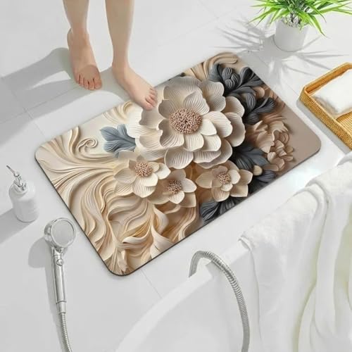 Image of Non-Slip 3D Floral Bath Mat, Quick Dry Absorbent Silicone Floor Mat, Anti Skid Doormat for Bathroom, Home, Office, Living Room, Hallway Runner, Soft Cushion Carpet Rug (Beige)