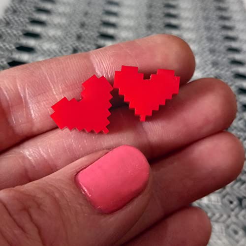 Pixel Heart Earrings, Stainless Steel Stud Earrings, 8 Bit Video Game, Chunky Big Red Heart Studs #TOP4