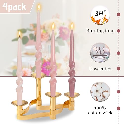 Image of Gradient Pink Smokeless Candles Handmade Twisted Taper Candle 9.5 Inch Unscented Spiral Candlesticks for Dinner Holiday Wedding Home Decor 4 PCS