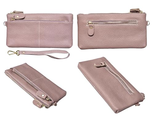 Women Genuine Real Leather Wristlet Wallet Clutch. 3 Zipped Pockets, 6 Credit Card Slots Case Coin Purse (Mauve)2