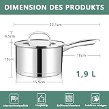 TEAMFAR rondel 16cm, garnek do gotowania mleka ze stali nierdzewnej indukcja z 3-warstwowym dnem do wszystkich rodzajów kuchenek, szklana pokrywka, 1,9L mały garnek zapiekanka na małe porcje