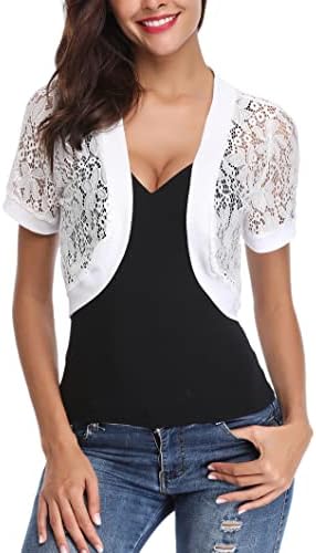 Totatuit Womens Short Sleeve Shrugs Lace Floral Cardigans Sheer Wedding Blouse Plus Size Sweaters Open Front Lace Jackets Short Summer Bolero Crochet Cropped Shrugs White L