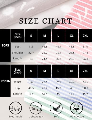 Image of KCW Pajamas for Women Set 2 Piece 100% Cotton Lounge Sets Short Sleeve Top and Shorts Pj Set Sleepwear Outfits