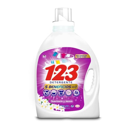 1-2-3 - Detergente Líquido, 4,65L; MAXI PODER Suavizante y Jazmín, Contra la Suciedad, Espuma Quitamanchas.
