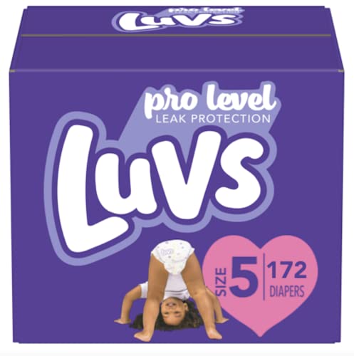 Diapers Size 5, 172 Count - Luvs Pro Level Leak Protection Hypoallergenic Disposable Baby Diapers for Sensitive Skin (Packaging May Vary)