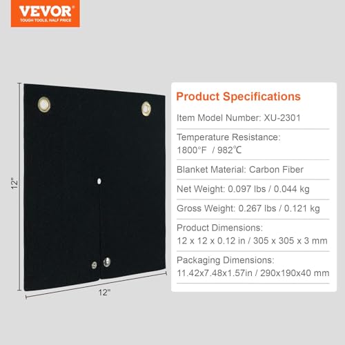 Image of VEVOR Welding Blanket, 12 x 12-inch Carbon Fiber Heat Shield Welding Mat, Up to 1800F Heat Resistant, Flame Protector Pad Plumbing Hole Propane Torch, Soldering Pad with Metal Grommet for Copper Pipe