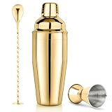 Cocktail Shaker Set 750ml Cocktailshaker Martini Shaker mit eingebautem Sieb - Professionelles Edelstahl Barkeeper Set inkl Messbecher, Bar-Löffel - Für Martini, Margarita & Mixgetränke, Gold