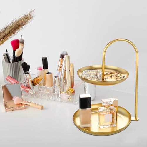 Maxcheck 2 Pcs Necklace Display Stand 2 Tier Jewelry Holder Tabletop Jewelry Organizer Tower with Round Storage Tray Organizer Tower for Bracelets Necklaces Earrings Makeups(Gold) by Maxcheck - Image 5