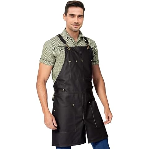 Under NY Sky Leather Apron - Cross-back Straps, Split-Leg, Riveted, Lined – Genuine Leather for Barbers, Chef, Bartender, Barista (Black) Cover