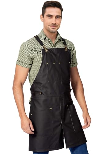 Under NY Sky Leather Apron - Cross-back Straps, Split-Leg, Riveted, Lined – Genuine Leather for Barbers, Chef, Bartender, Barista (Black)