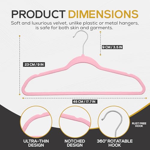 Image of Techzoo Premium Velvet Hangers 50 Pack Ultra Thin Non Slip Adult Felt Space Saving Suit Hanger for Closet Heavy Duty Coat Pants Jackets Dress Hangers 360 Swivel Hook Hold Upto 10 lbs Pink