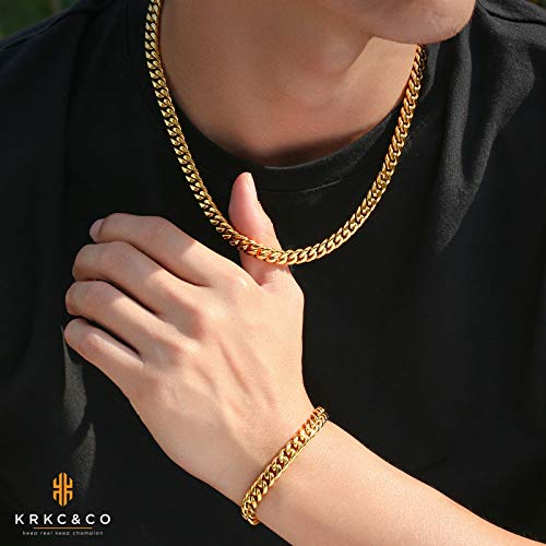KRKC&CO Mens Hip Hop Jewelry Set, 8mm/10mm/12mm 18k Cuban Link Curb Chains and Bracelets, Solid No Tarnish Necklace, Durable Street-wear Hip Hop Chains for Men2