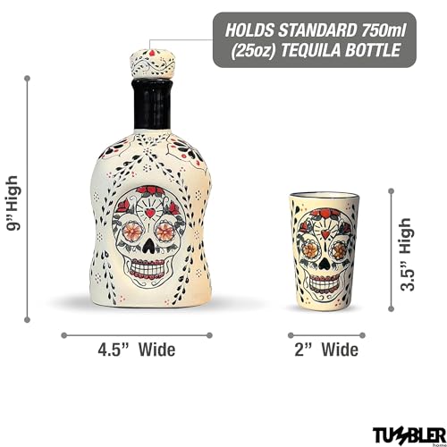 Tequila Decanter, Handmade Tequila Gift Set includes Ceramic Tequila Decanter and 4 Tequila Shot Glasses. Unique Gift for Tequila Lovers, Sugar Skull Décor, Made in Mexico