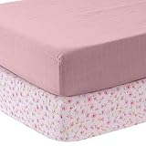 MOZAH Organic Muslin Crib Sheets - Pink and Pink Leaves - 2 Pack - Girl, Boy - Soft, Breathable Bedding for Baby Girls or Boys - Snug-Fit Fitted Sheet for Standard Cribs & Toddler Mattresses