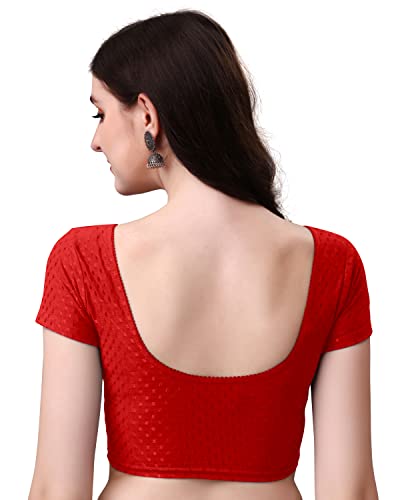 Image of Mogsa Women's Stretchable Dobby Cotton Lycra Saree Blouse | Readymade Stitched Blouse | Round Neck | Short Sleeve | Soft & Comfortable Ethnic Blouse for Saree Wear