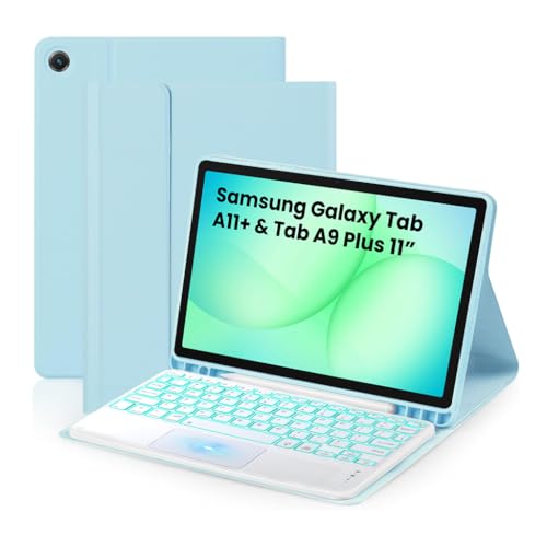Image of Keyboard Case for Samsung Galaxy Tab A11+ & Tab A9 Plus 11 inch Folio Cover SM-X230, SM-X236B, SM-X210, SM-X215 with Trackpad, 7 Color Backlit Magnetically Detachable Bluetooth Keyboard, Multi-Angle View