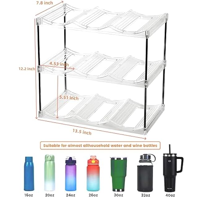 IEEK 3 Tier Stackable Wine and Water Bottle Holder Free-Standing Fridge Wine Bottle Organizers Clear Plastic Water Bottle Holder for Cabinet,Refrigerator,Pantry,Kitchen Countertops,Holds 9 Bottles