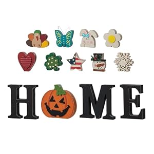 Glitzhome Interchangeable Home Table Signs with 13 Pcs Seasonal Icons, Wooden Changeable Home Sign for Holiday Decor, HOME Letter Sign Ornaments Set Interchangeable Holiday Decorative Shelf Blocks