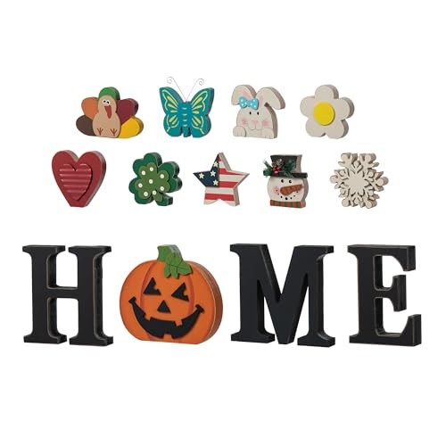 Glitzhome Interchangeable Home Table Signs with 13 Pcs Seasonal Icons Wooden Changeable Home Sign for Holiday Decor HOME Letter Sign Ornaments Set Interchangeable Holiday Decorative Shelf Blocks