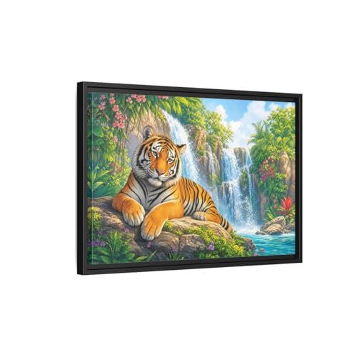Tableau tigre orange cascade grand format cadre noir 60x40 salon horizontal