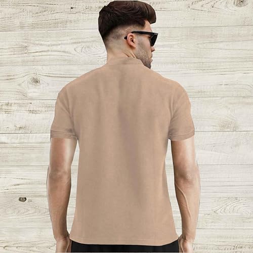 Image of Men's Black Half Sleeve T-Shirt with Zip Collar, Slim Fit Casual Wear