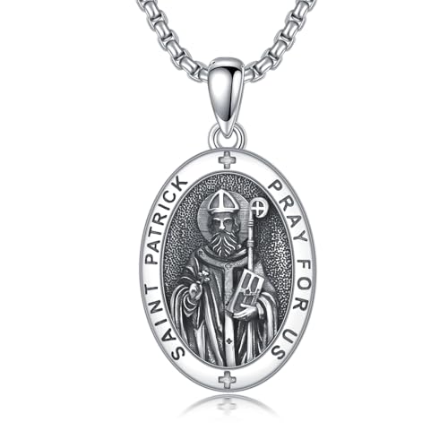 WINNICACA St Patrick Necklace 925 Sterling Silver Saint Patrick Religious Necklace Pray for Us Catholic Jewelry Bithday Fathers Mothers Day Gifts for Men Dad Son