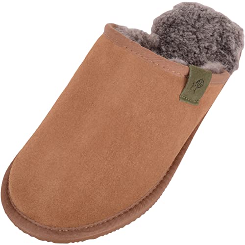 SNUGRUGS Mens Genuine Sheepskin Open Back Winter Mule Slipper with EVA Sole - Chestnut Tipped - UK 9