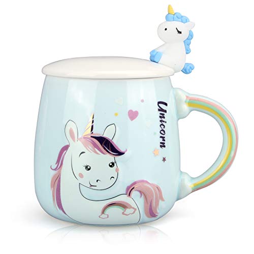 Unicorn Mug Cute Ceramic Coffee Mug with Lid and Spoon Blue Porcelain Unicorn Cup for Girls Women Mug